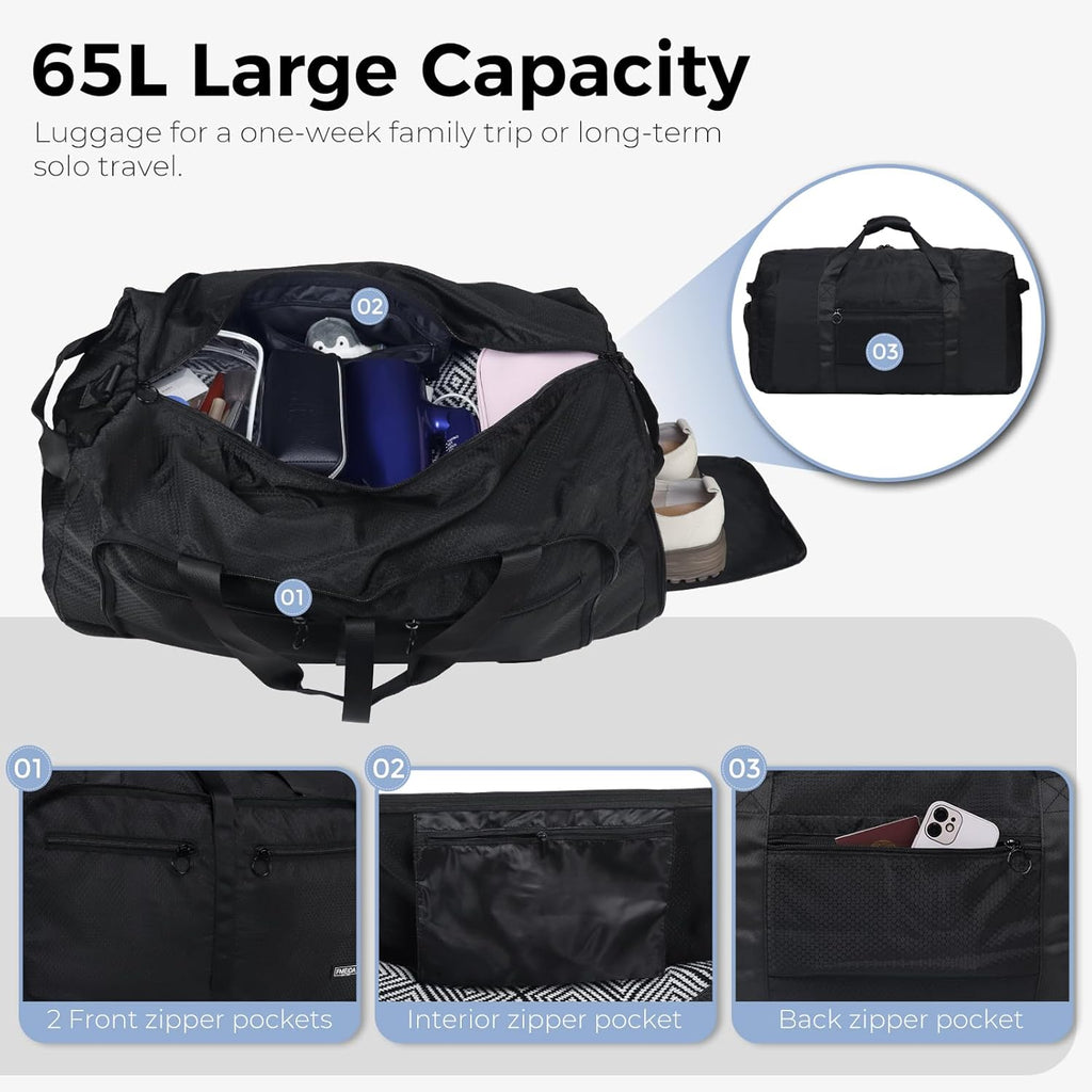 65L Duffle Bag with Shoes Compartment, Foldable Travel Duffel Bags for Men Women, Large Packable Travel Bag Water