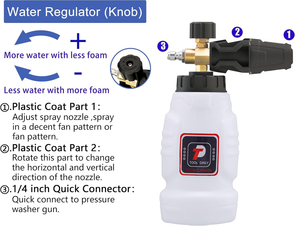 Foam Cannon for Pressure Washer, 5 Power Washer Tips,1 Liter | Adjustable Snow Foam Lance for Car Washing, 1/4 Inch