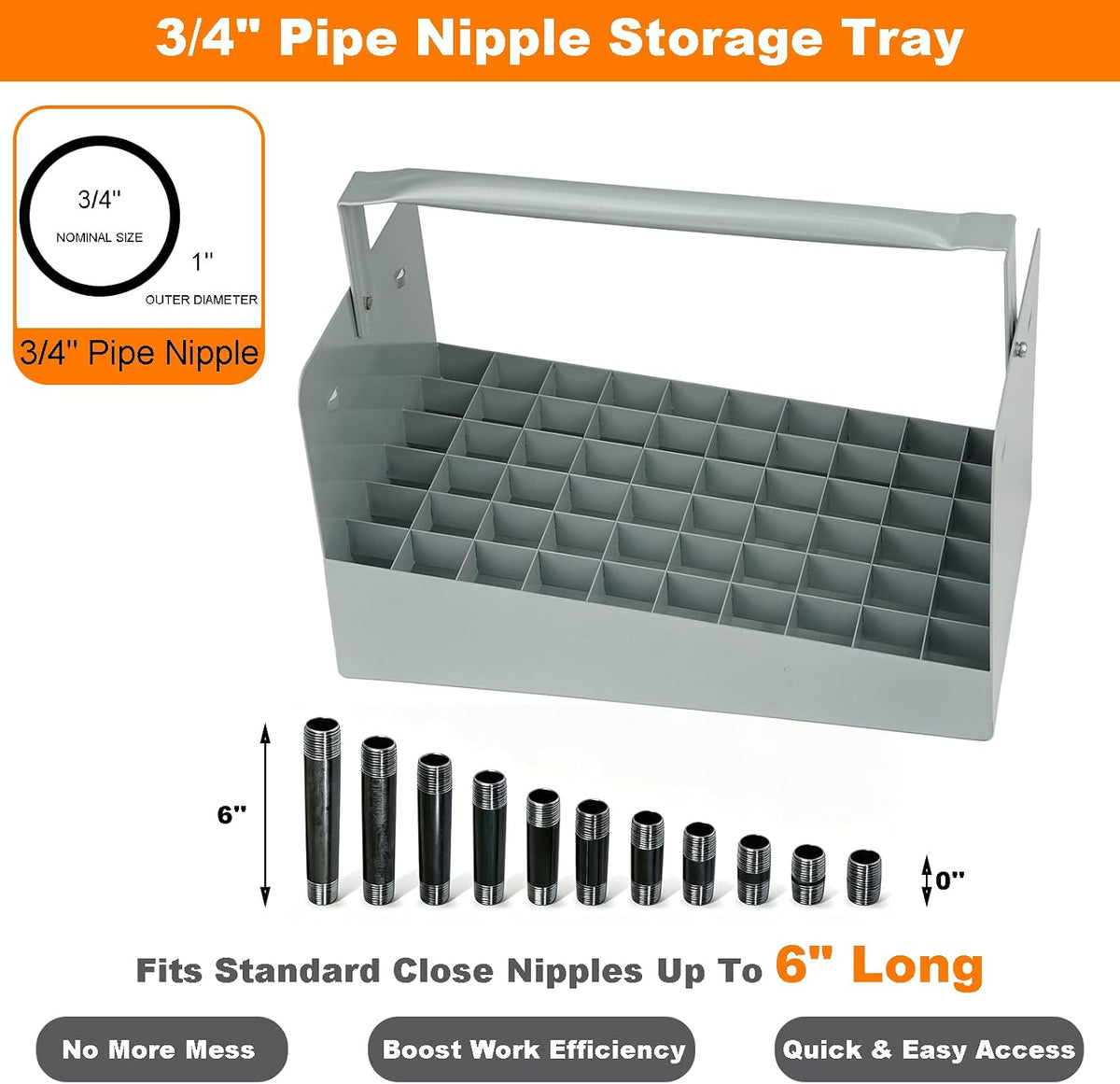 Steel Nipple Caddy, 60-Slot 3/4" Pipe Nipple Storage Tray