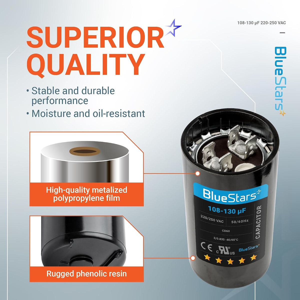 [2025 Upgraded] BlueStars 108-130 uF MFD 220-250 VAC Motor Start Capacitor