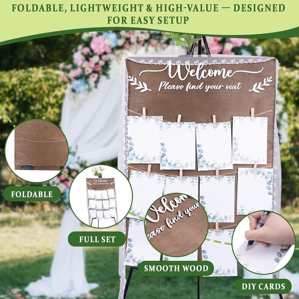 Wooden Wedding Seating Chart Board, Two Connectable Panels (23.7"×17"), 0.32" Thick, Foldable Design with Metal