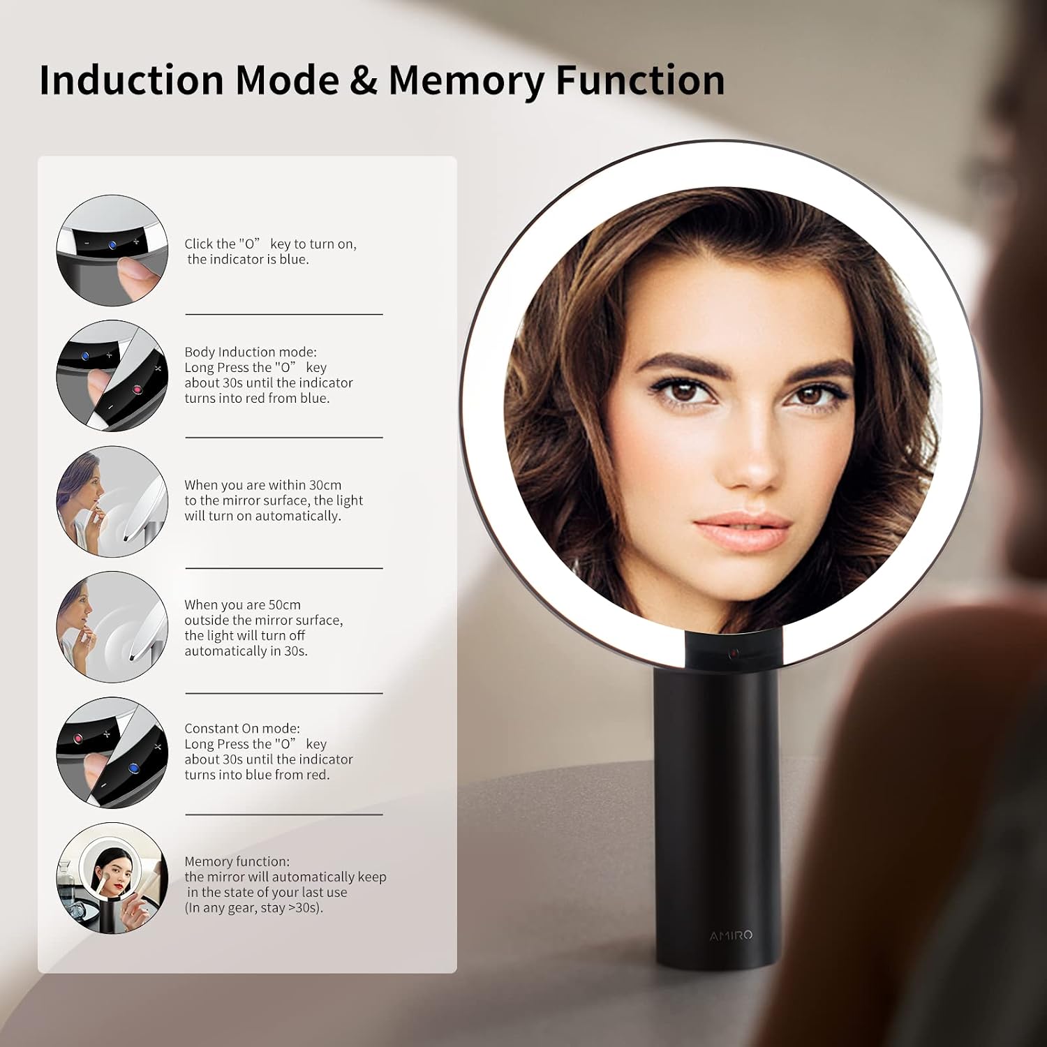 9"LED Makeup Mirror with 10X Magnification,3Colors&6 Brightness,Black | Smart Sensor, Touch-Control, Rechargeable