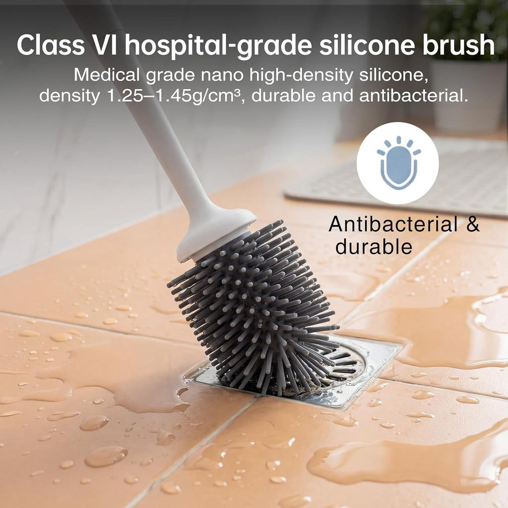 2 in 1 Toilet Brush and Plunger Set with Silicone Bristles, Plastic Material, Includes Holder, White/Black