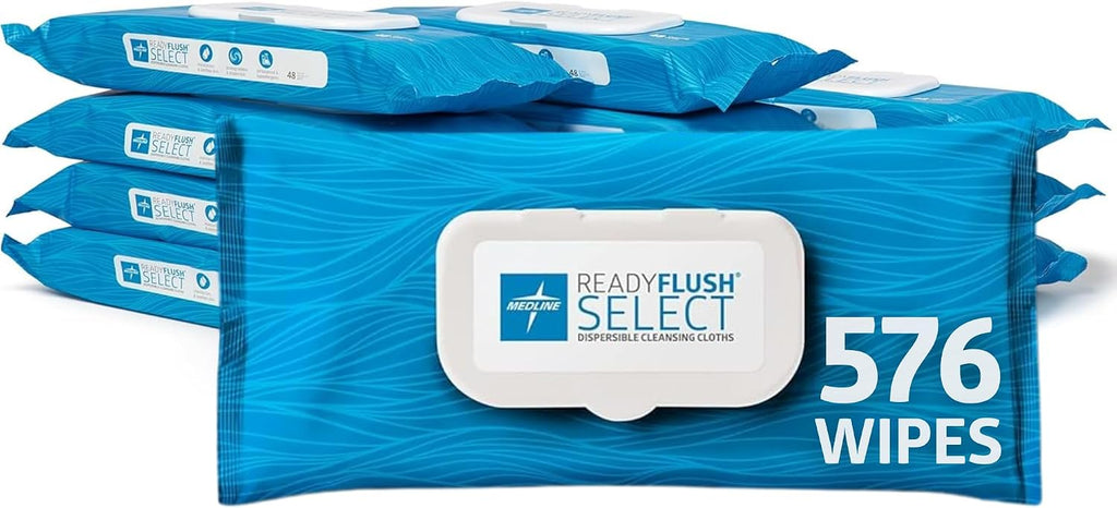 ReadyFlush SELECT Flushable Wipes, 576 Wipes (48 Wipes, 12 Packs), Unscented, Biodegradable Flushable Incontinence