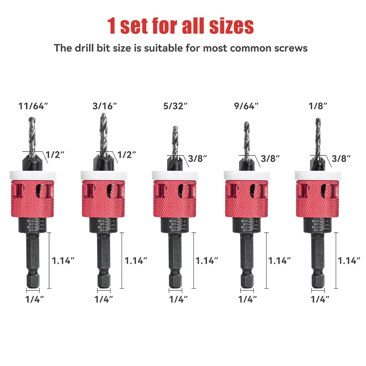 8 PCS Countersink Drill Bit Set with Depth Stop Collar for Woodworking