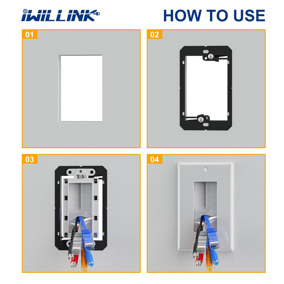 iwillink Brush Wall Plate (10 Pack), Cable Pass Through Plate, White