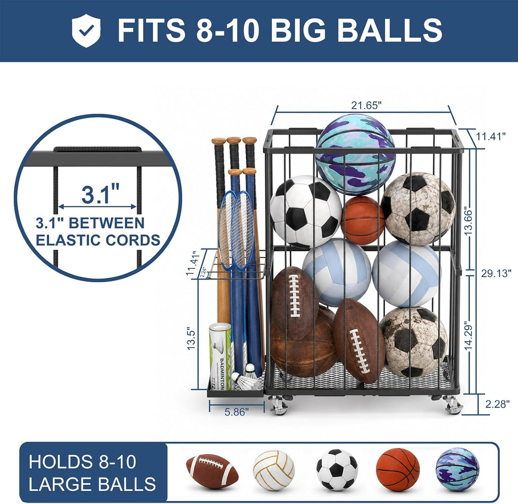 Garage Ball Storage Rack with Wheels and Elastic Rope, Sports Ball Holder for Basketball, Soccer, Volleyball