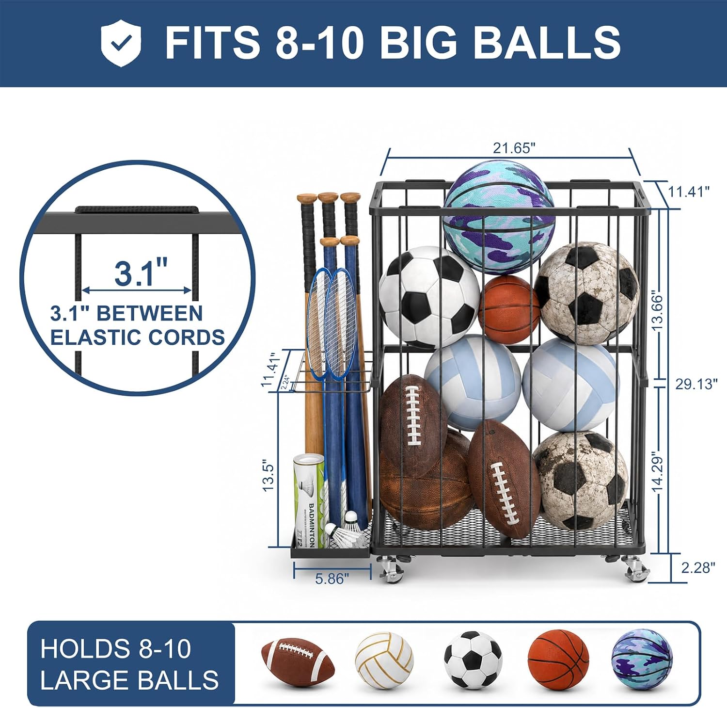 Garage Ball Storage Rack with Wheels and Elastic Rope, Sports Ball Holder for Basketball, Soccer, Volleyball