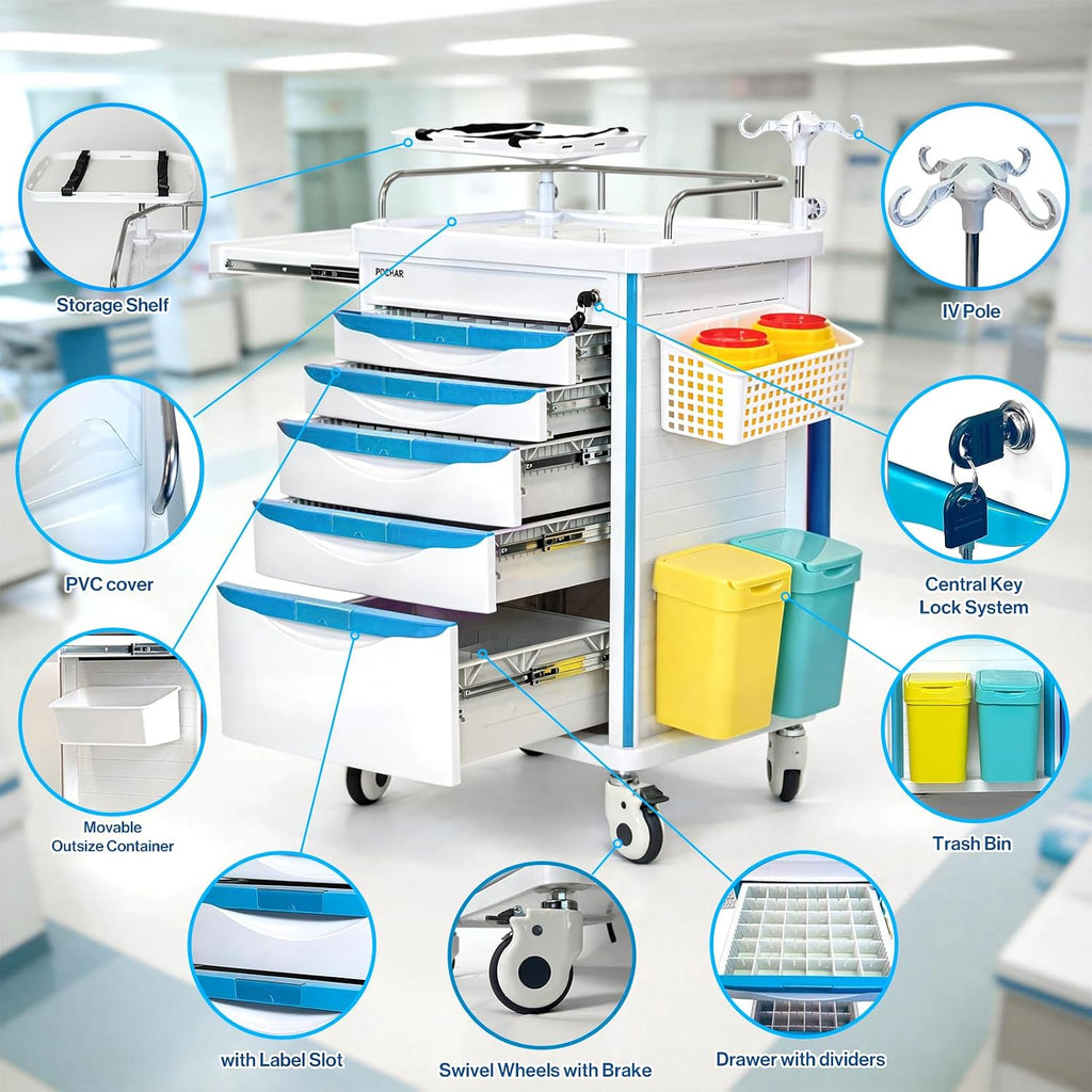 Medical Crash Cart with Emergency Accessory for Hospitals and Clinic | Rolling Emergency Cart with Cardiac Board, IV