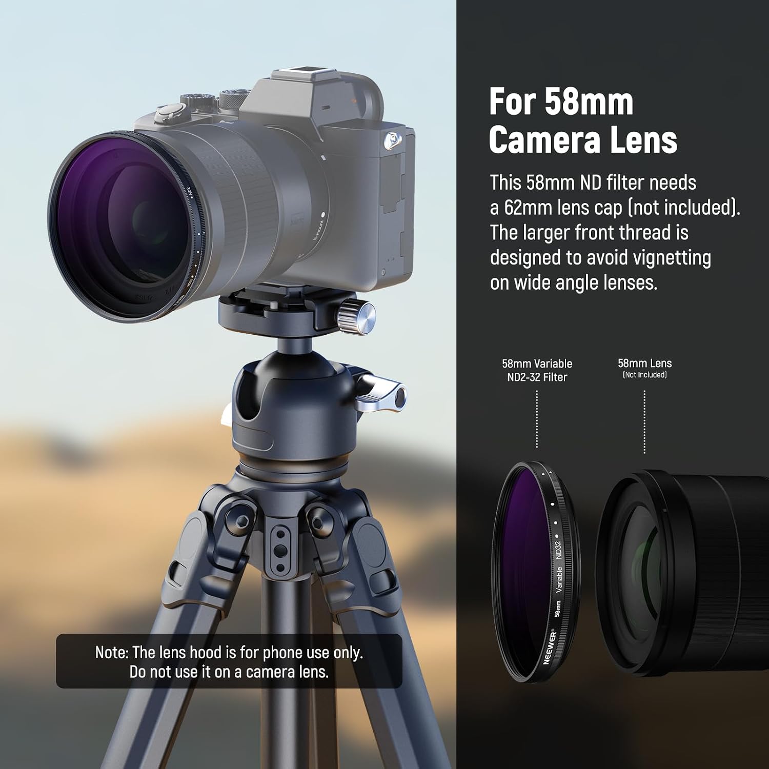 58mm Variable ND Filter with 62mm Lens Hood, ND2-32 Adjustable Neutral Density Filter Compatible with iPhone Android