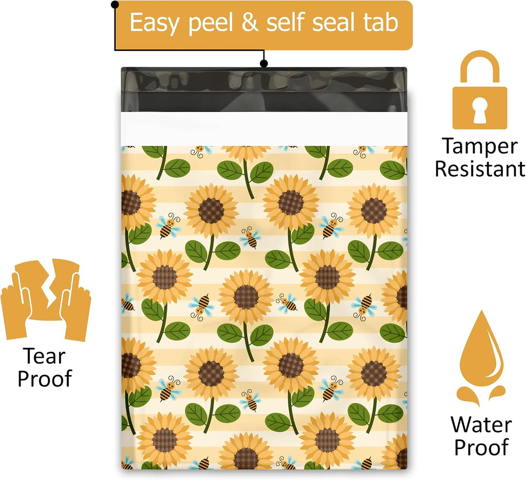 Sunflowers & Bees Designer Poly Mailers - 50 Packs 12"x15" - Ideal Waterproof Self-Sealing Polymailers