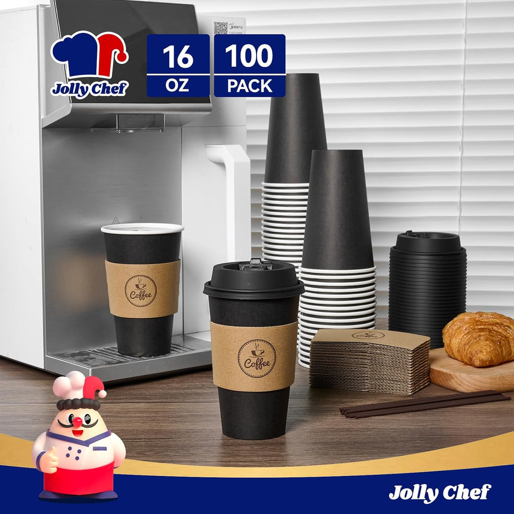 16 oz Black Coffee Cups with Lids, Sleeves & Stirrers 100 Pack