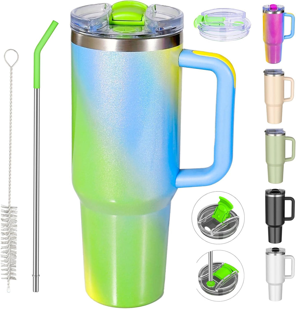 40 oz tumbler with handle and straw,Double Wall Vacuum Reusable Stainless Steel Insulated Water Bottle,With Leak