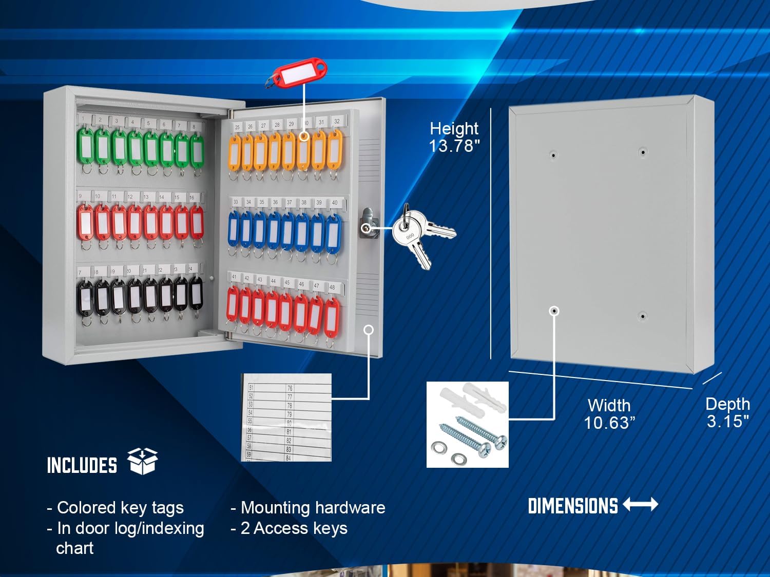 75 Position Key Lock Box – Hook-Style Cabinet with Numbered Hooks, Key Tags, Log Sheet, Labeled Shelves, Wall Mount