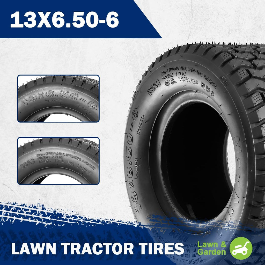 2 Pcs 13x6.50-6 Mower Turf Tires 13x6.5-6 Lawn and Garden Tractor Tires, 13x6.5x6 Zero Turn Mower Tire, Tubeless