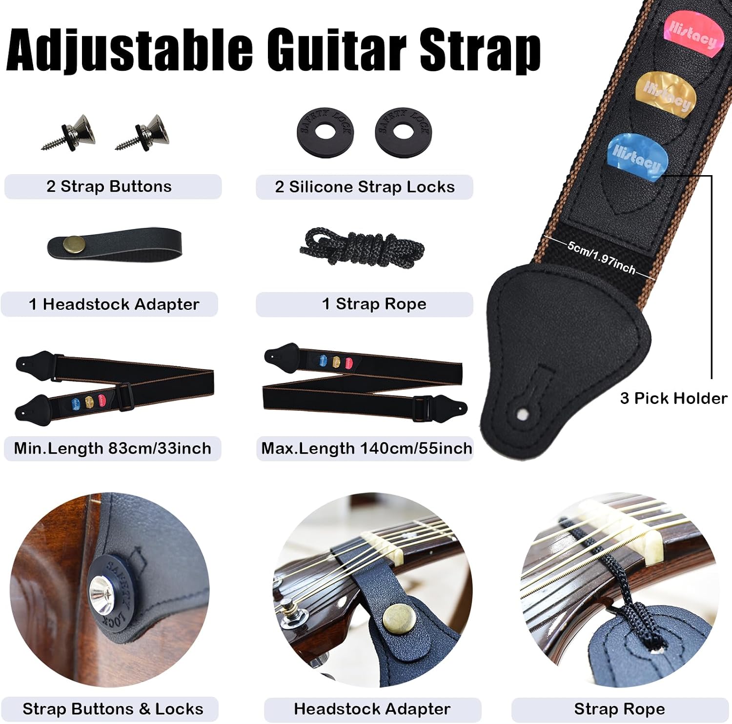Guitar Accessories Kit: Wooden Stand, Strap, Clip-On Tuner, 3-in-1 Capo, 30 Picks for Acoustic, Electric Guitar, Bass