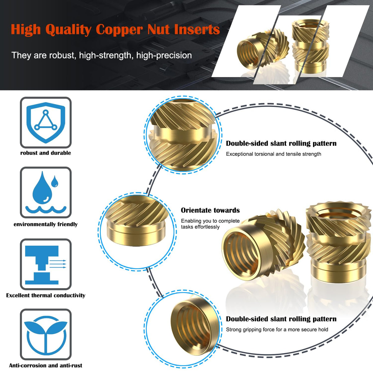 50Pcs M6 Heat Set Inserts, Metric knurled Nuts Brass Heat Set Insert for Plastic Parts,Insert by Heat into 3D Printing Components (M6xL8xD8)
