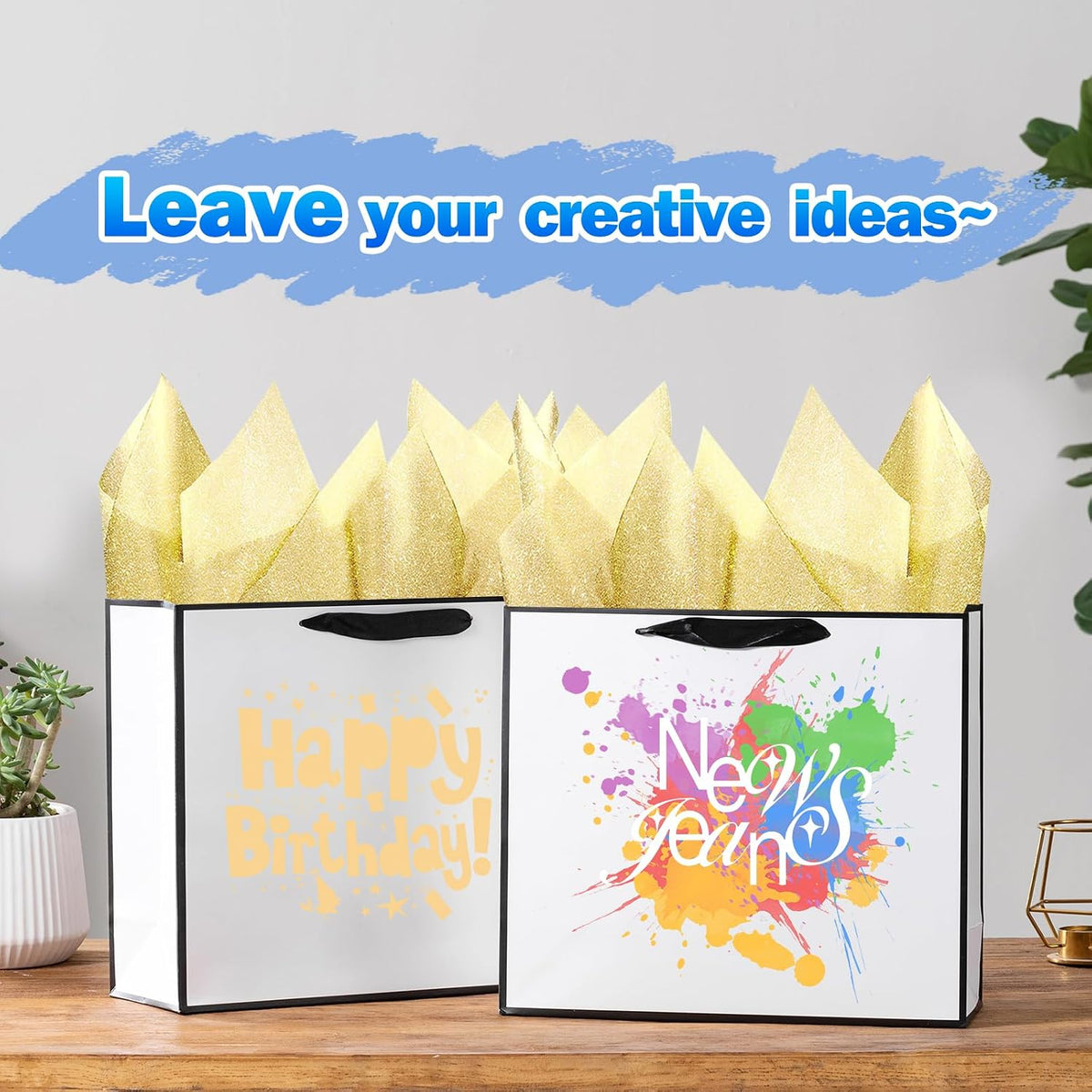 12 PCS Extra Large Gift Bags with Black Frame & 10 Tissue Papers