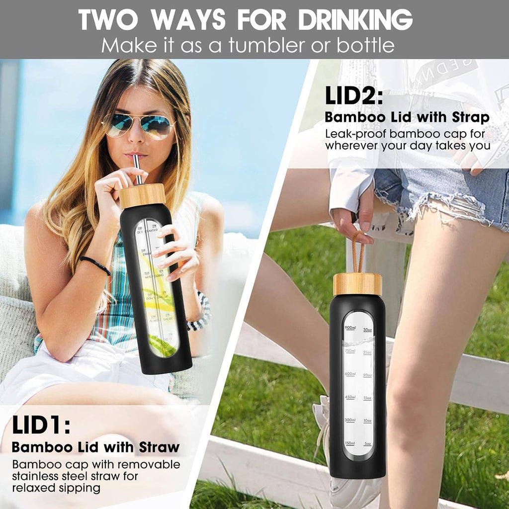 32 oz Glass Water Bottle with Straw - Motivational Time Marker & Silicone Sleeve - Reusable Tumbler Includes 2 Bamboo