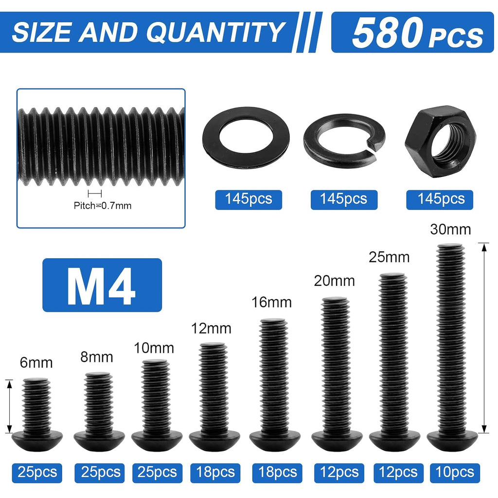 580Pcs UIETUIL M4 Hex Socket Button Head Screws Kit, M4x6-30mm, 10.9