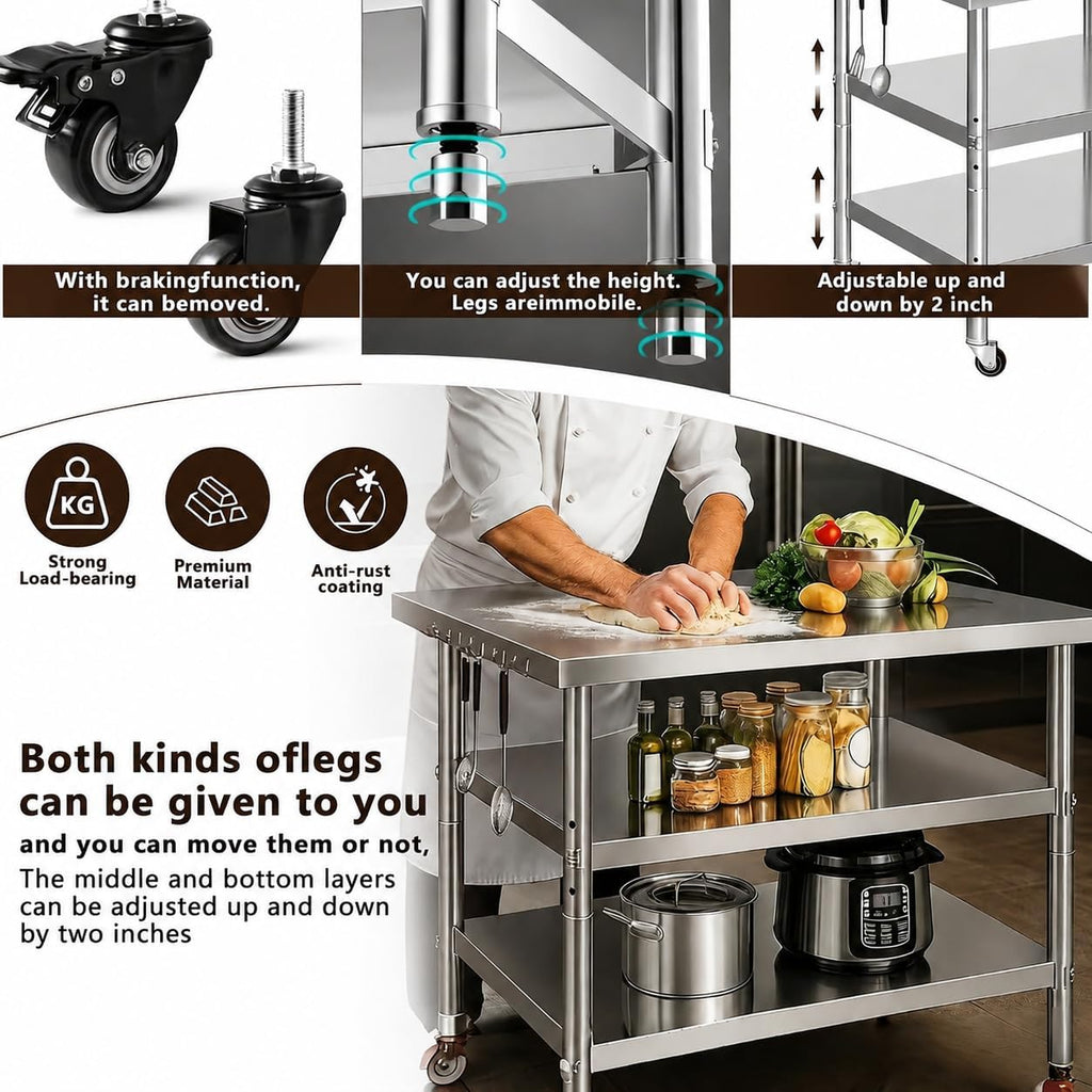 Stainless steel kitchen prep work table 60in,fixed,with Wheels,MultiSize