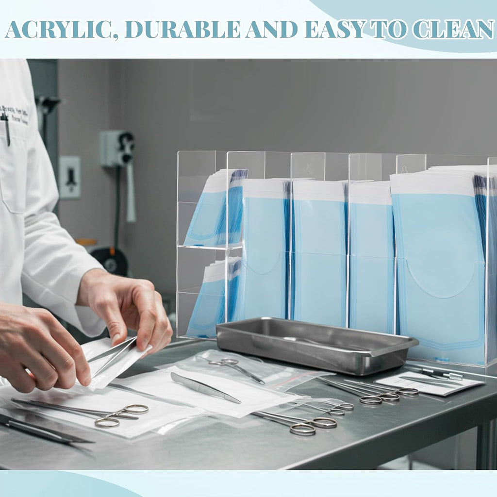 Clear Acrylic Sterilization Pouches Dispenser Rack Organizer Multi-Sized 6 Divided Stations Wall Mount Holder for All