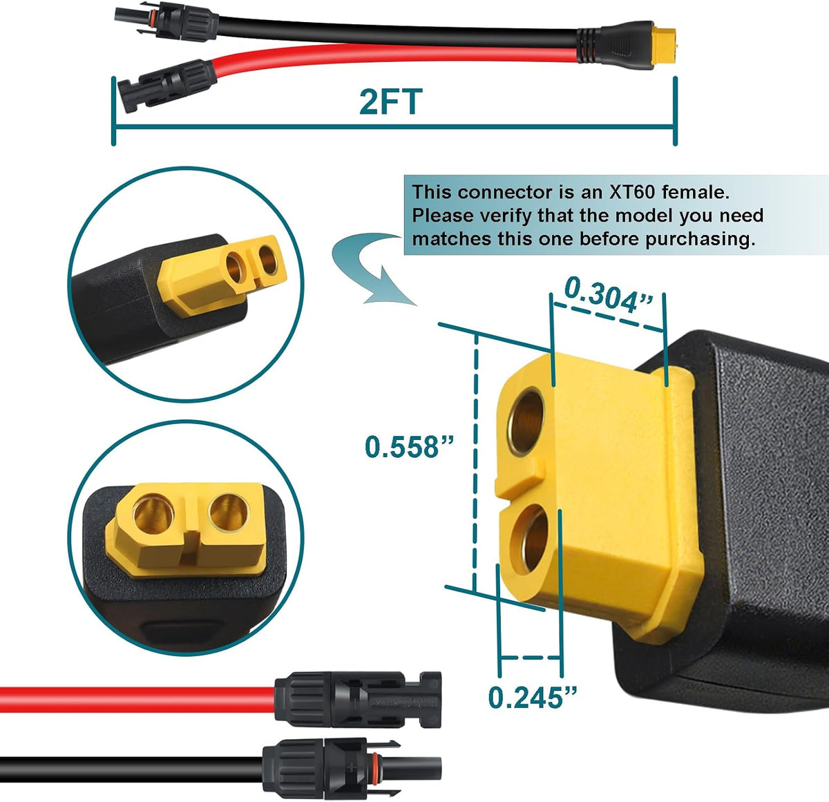 10AWG Solar to XT60 Extension Cable, 2FT Solar to XT60 Connector