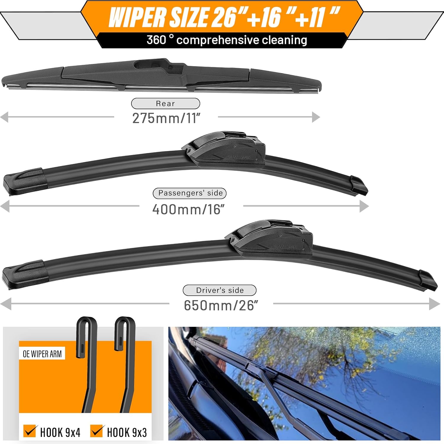3-Pack Windshield Wiper Blades for Kia Sportage 2017-2022 Hyundai Santa Fe 2019-2023 Kia Sorento 2016-2020, Original