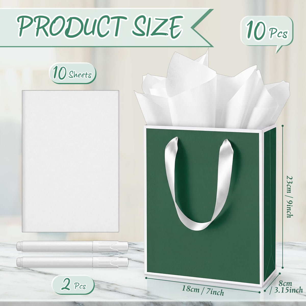 10 Pack Paper Gift Bags with Handle Tissue Paper, Green White