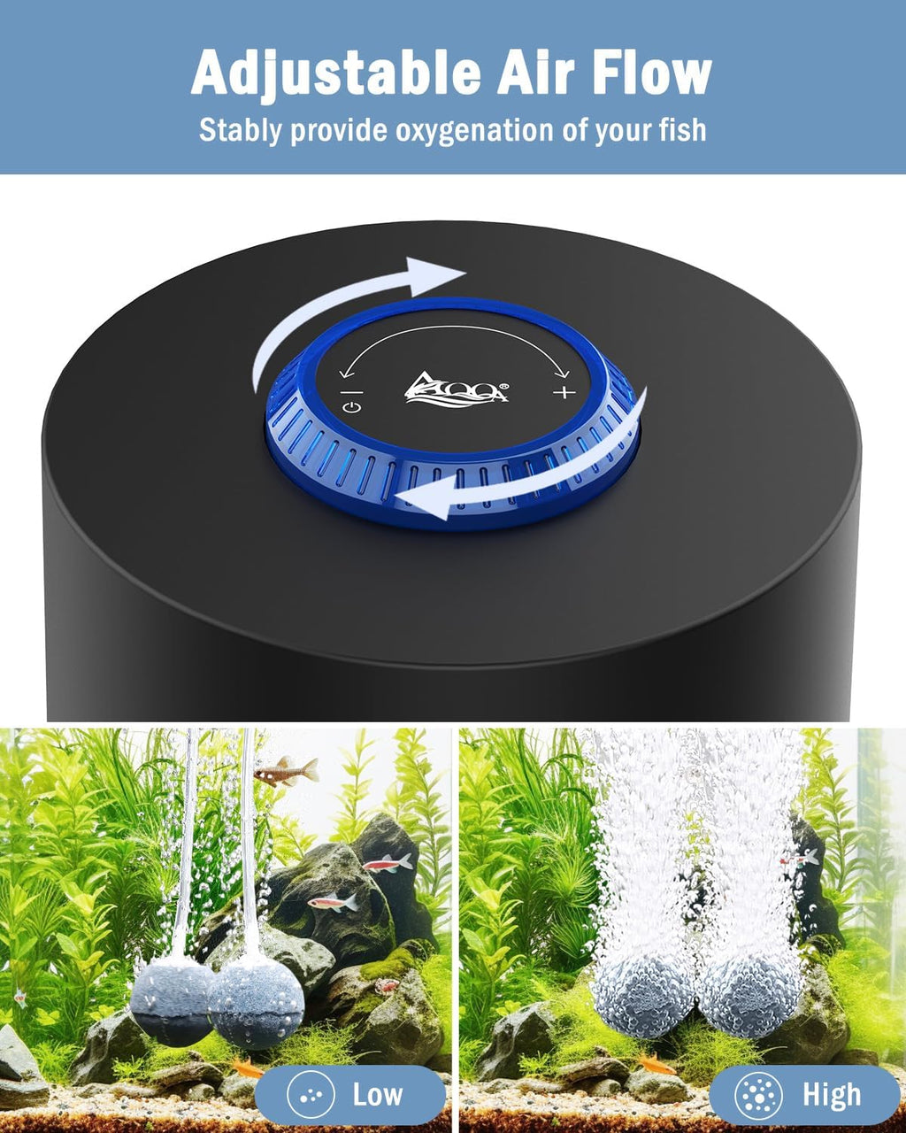 Aquarium Air Pump, 3W Powerful Dual Outlet Adjustable Oxygen Aerator | Quiet Operation, Stainless Steel Outlet Fish