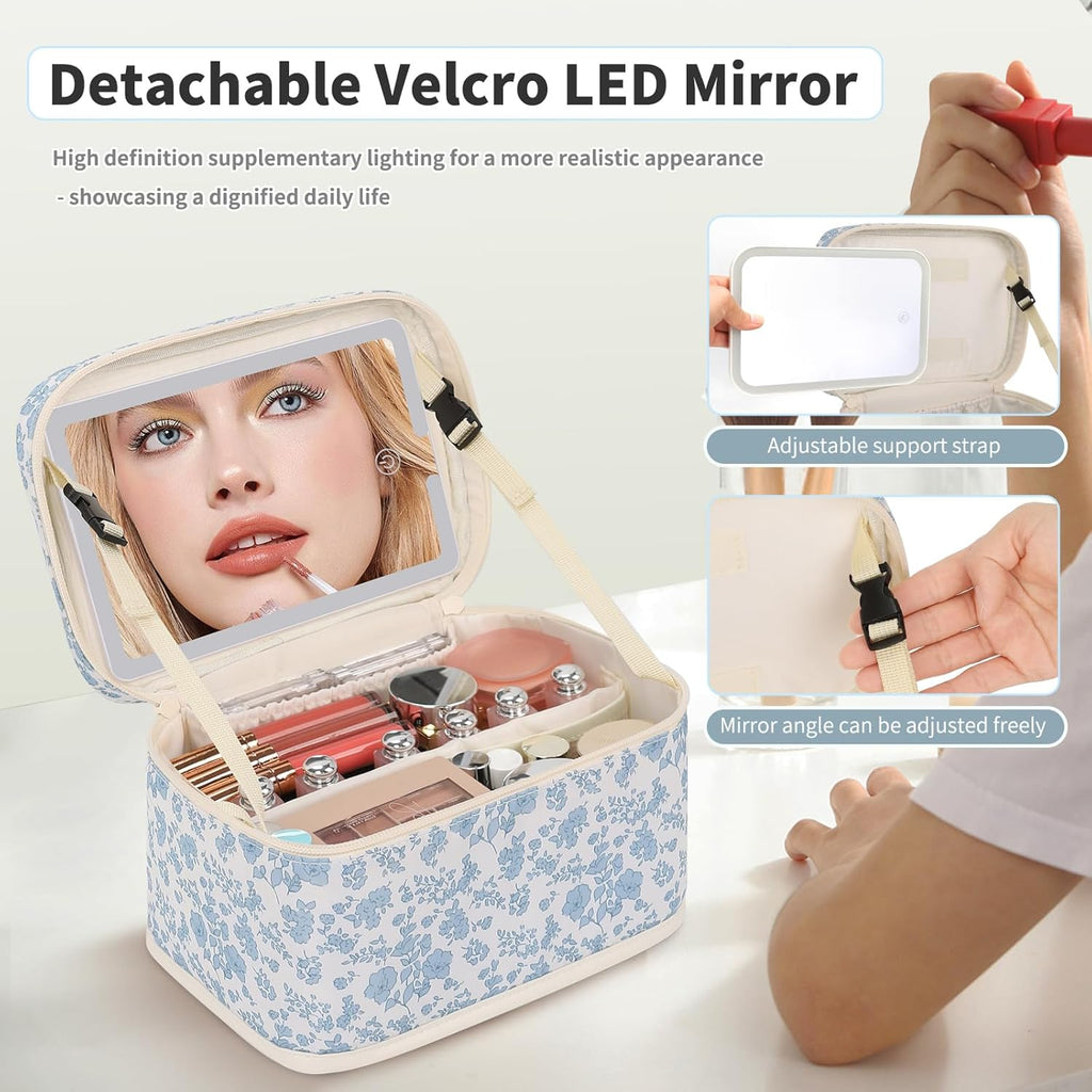Makeup Bag With LED Mirror, Lightweight Travel Makeup Bag With 3 Color Setting Light Up Mirror Cosmetic Makeup