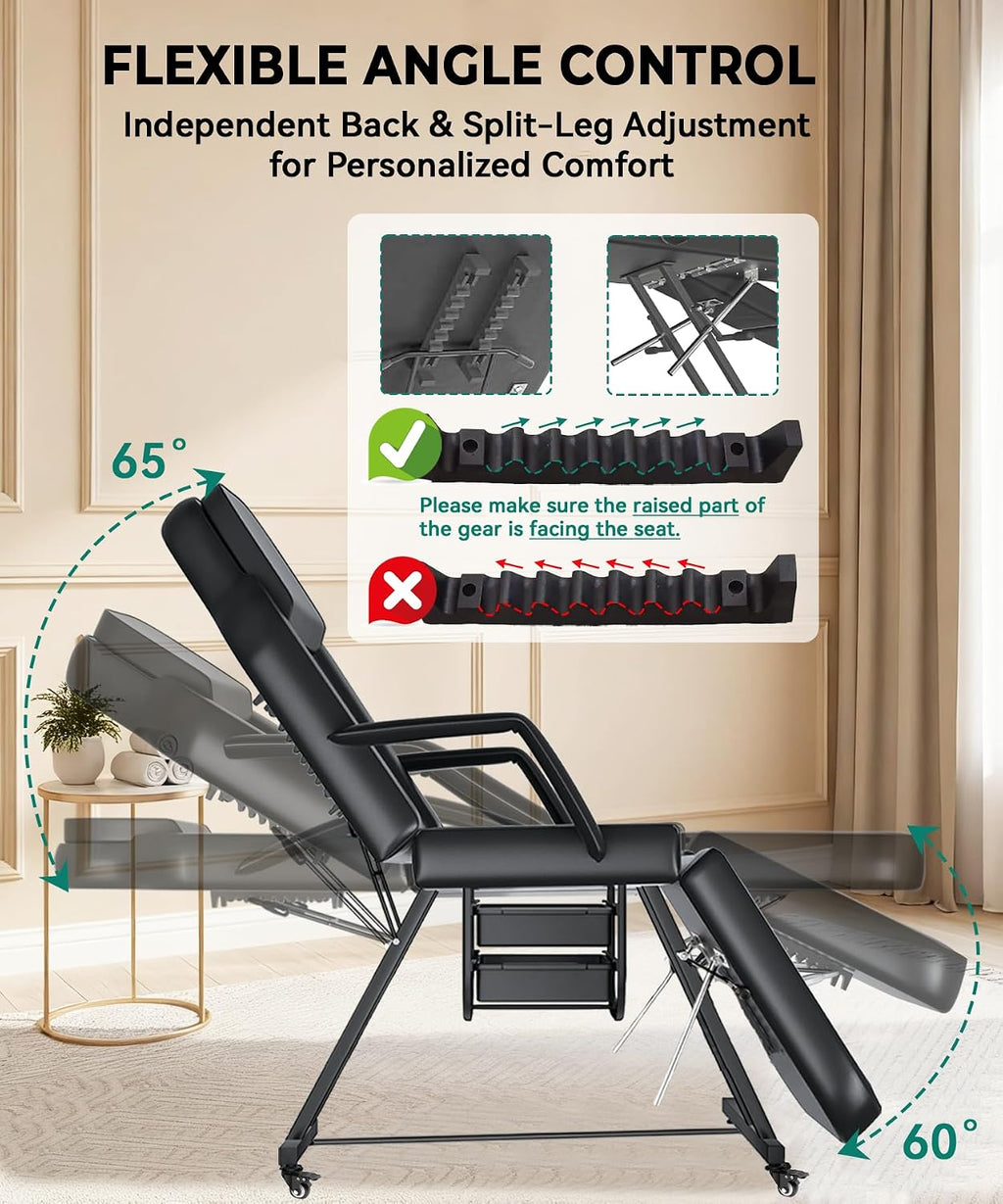 Black Tattoo Chair for Client with Hydraulic Rolling Stool, Tattoo Client Chair with Wheels Facial Chairs for