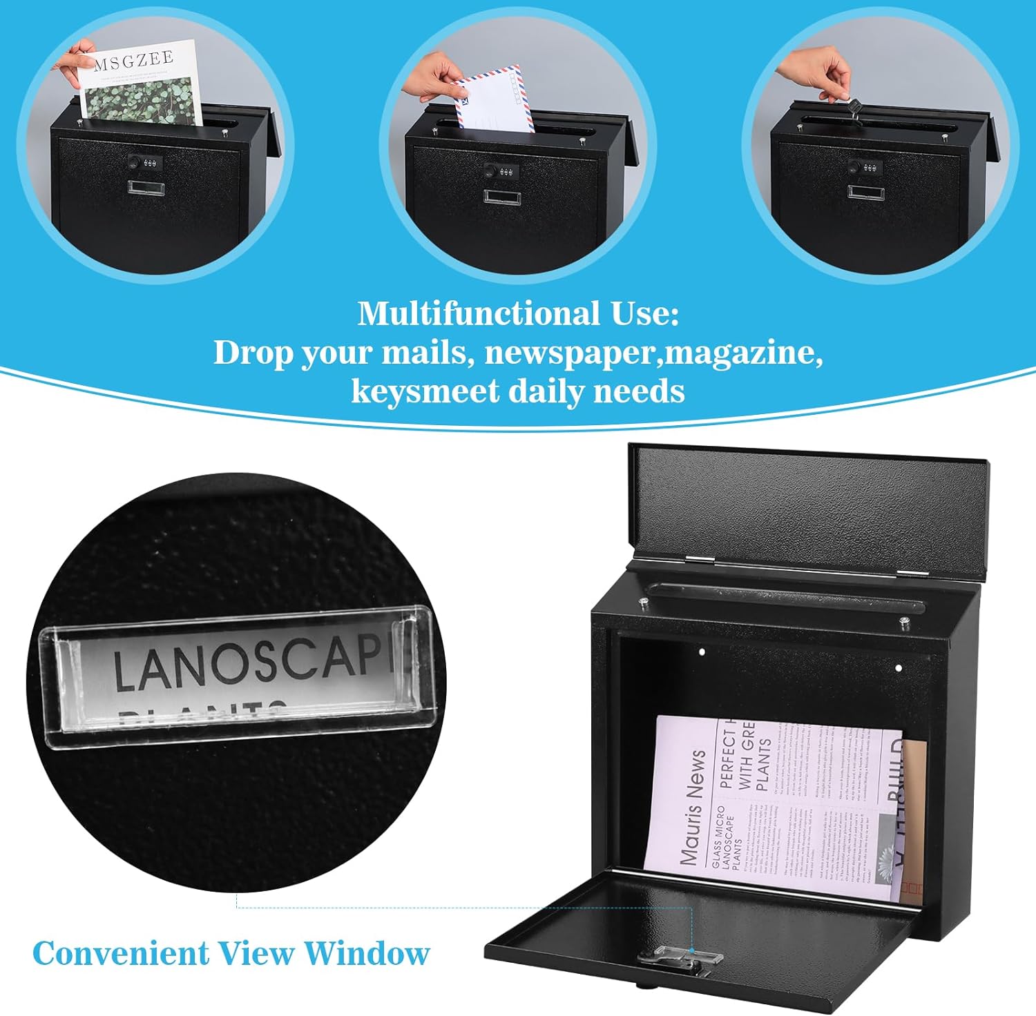 Mail Boxes with Combination Lock,Locking Mailbox Wall Mounted,Security Metal Mailbox Drop Box, Modern Large