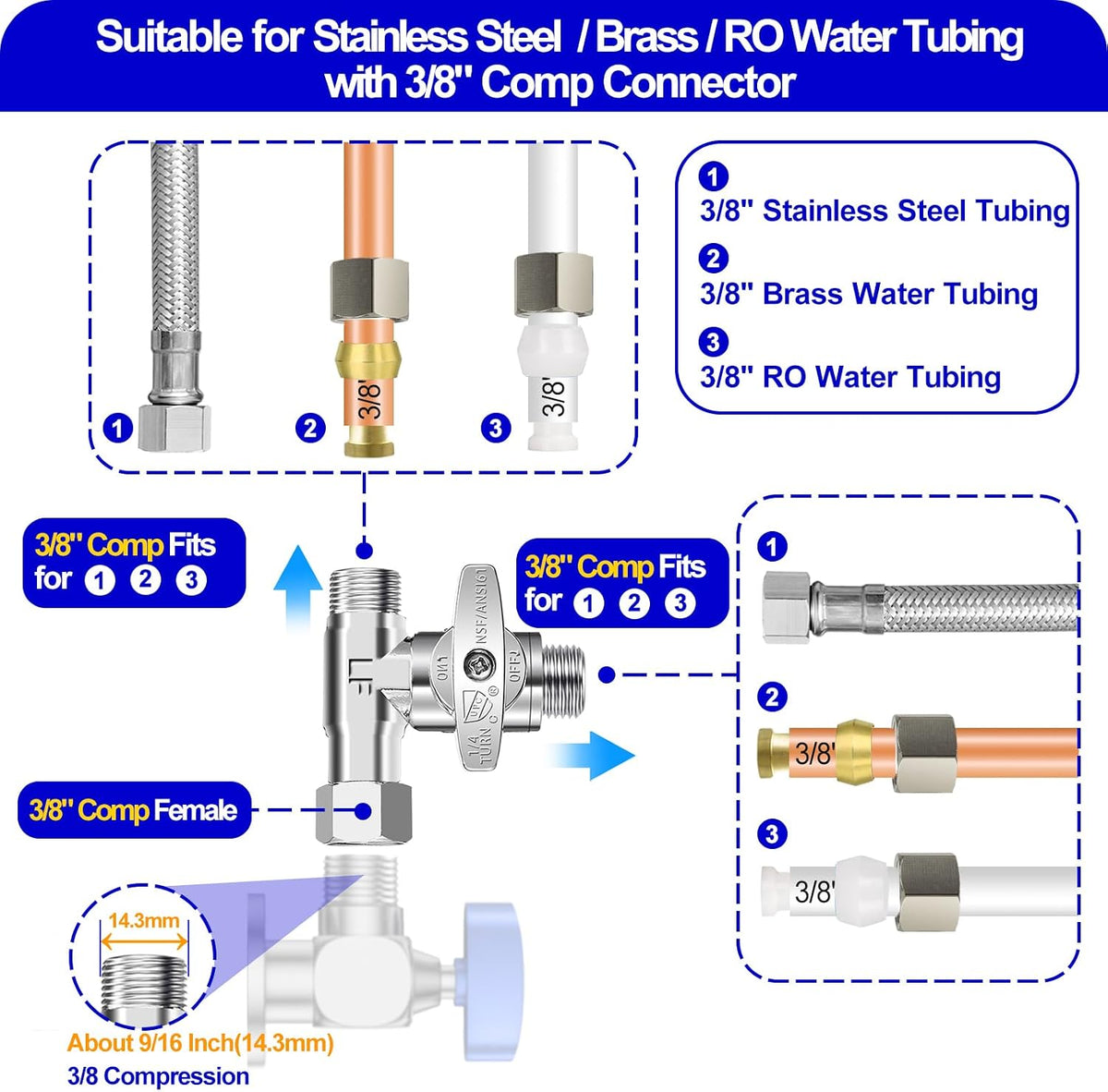 Tee Stop Valve - 3/8"Compx3/8"Compx3/8"Comp Brass Tee for Faucet,Dishwasher