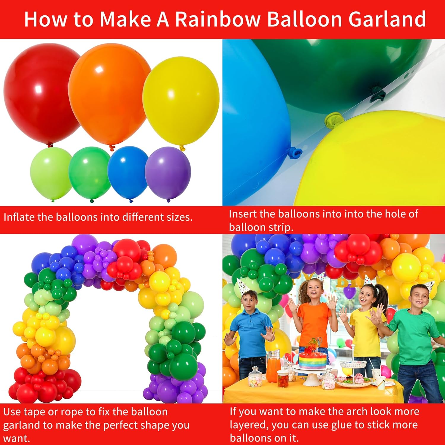 189pcs Rainbow Balloon Garland Arch Kit, 7 Assorted Colors 5/12/18 Inch Latex Balloons for Birthday Party Baby Shower