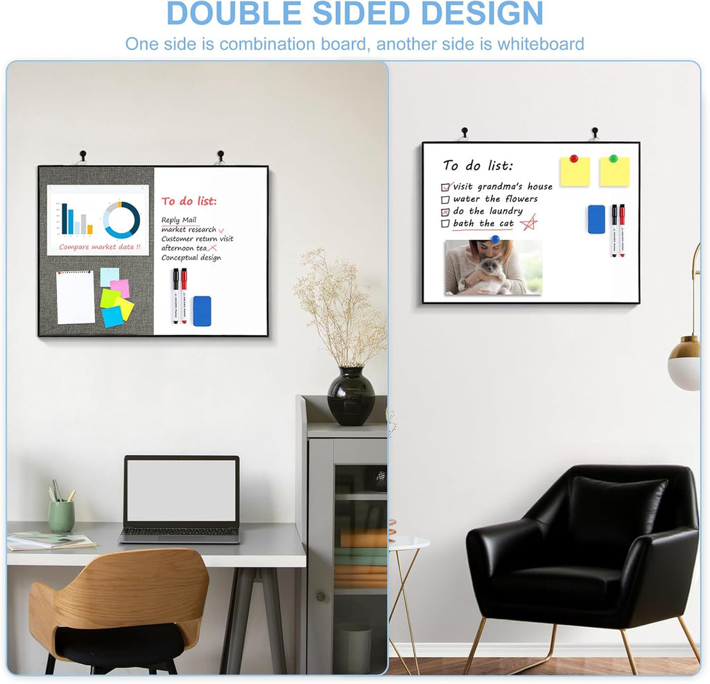 Cork Board White Board Combo, 24"X18" Linen Bulletin Board Whiteboard for Wall, Double-Sided Magnetic Dry Erase