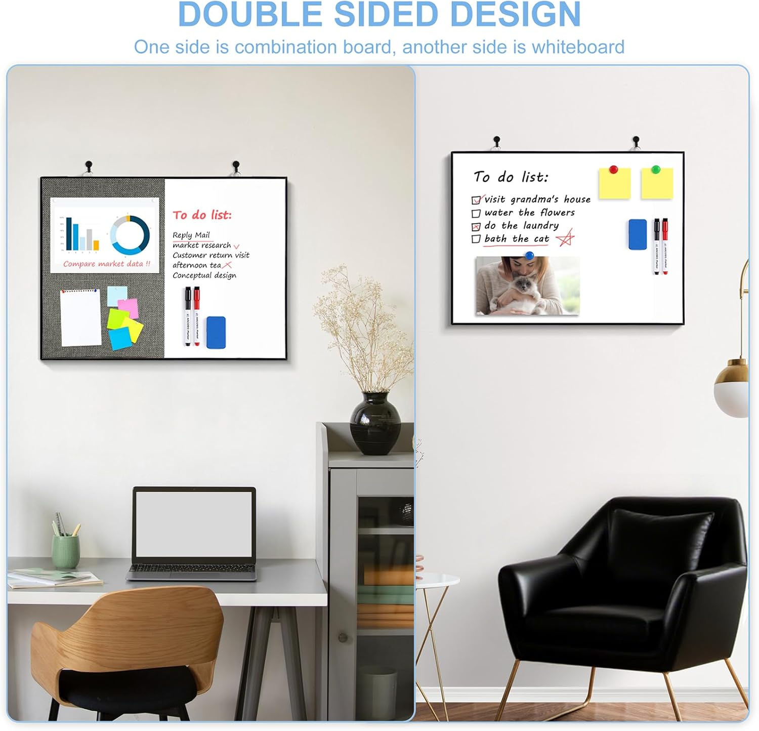 Cork Board White Board Combo, 24"X18" Linen Bulletin Board Whiteboard for Wall, Double-Sided Magnetic Dry Erase