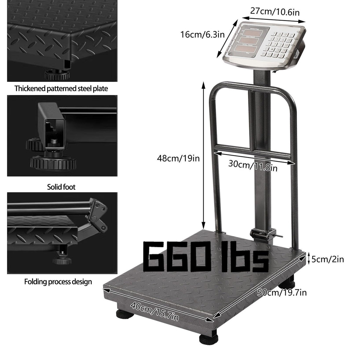 660lb Industrial Platform Scale with Removable Guardrail, LB/KG