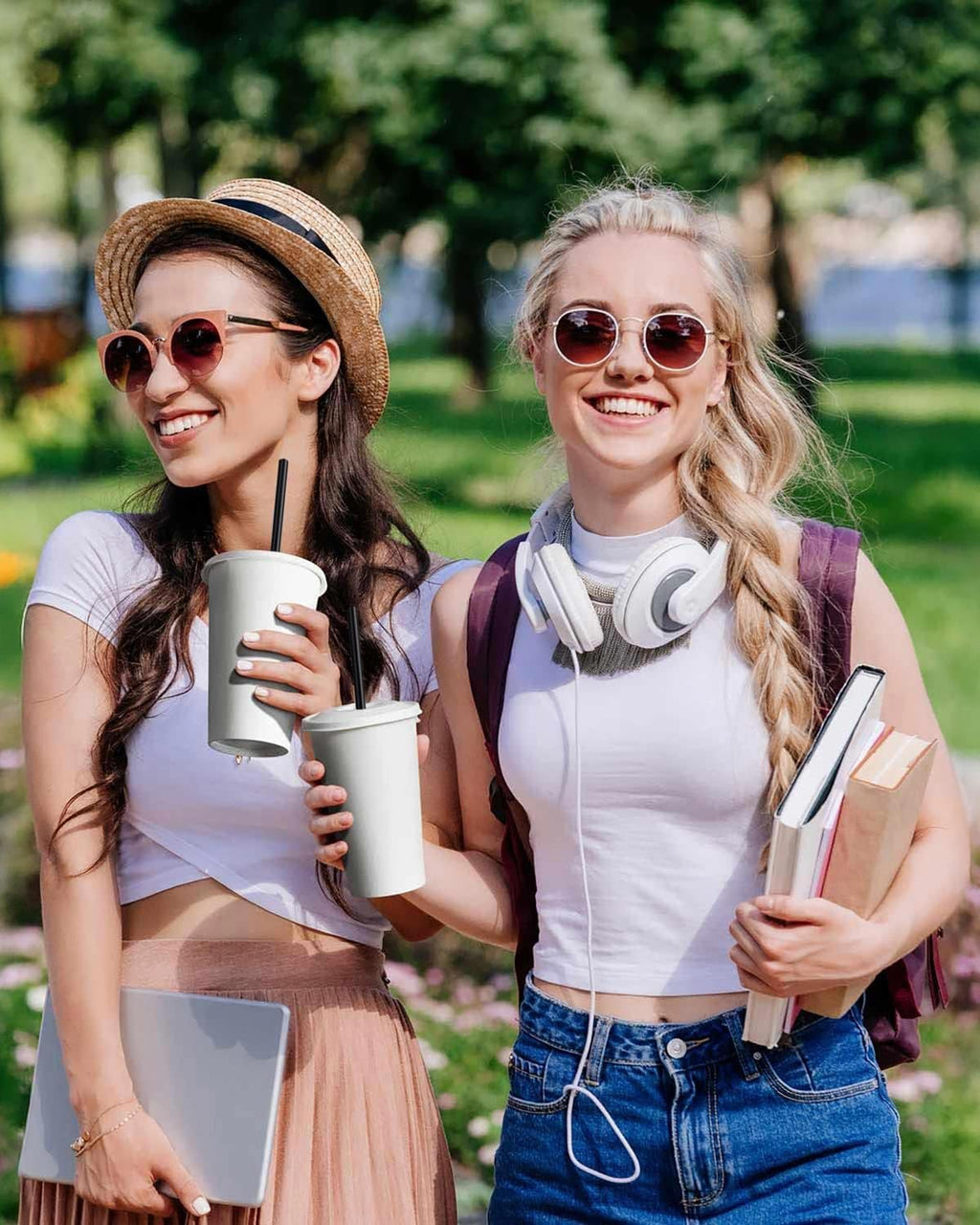 Disposable Paper Cups with Paper Lids and Compostable Straws