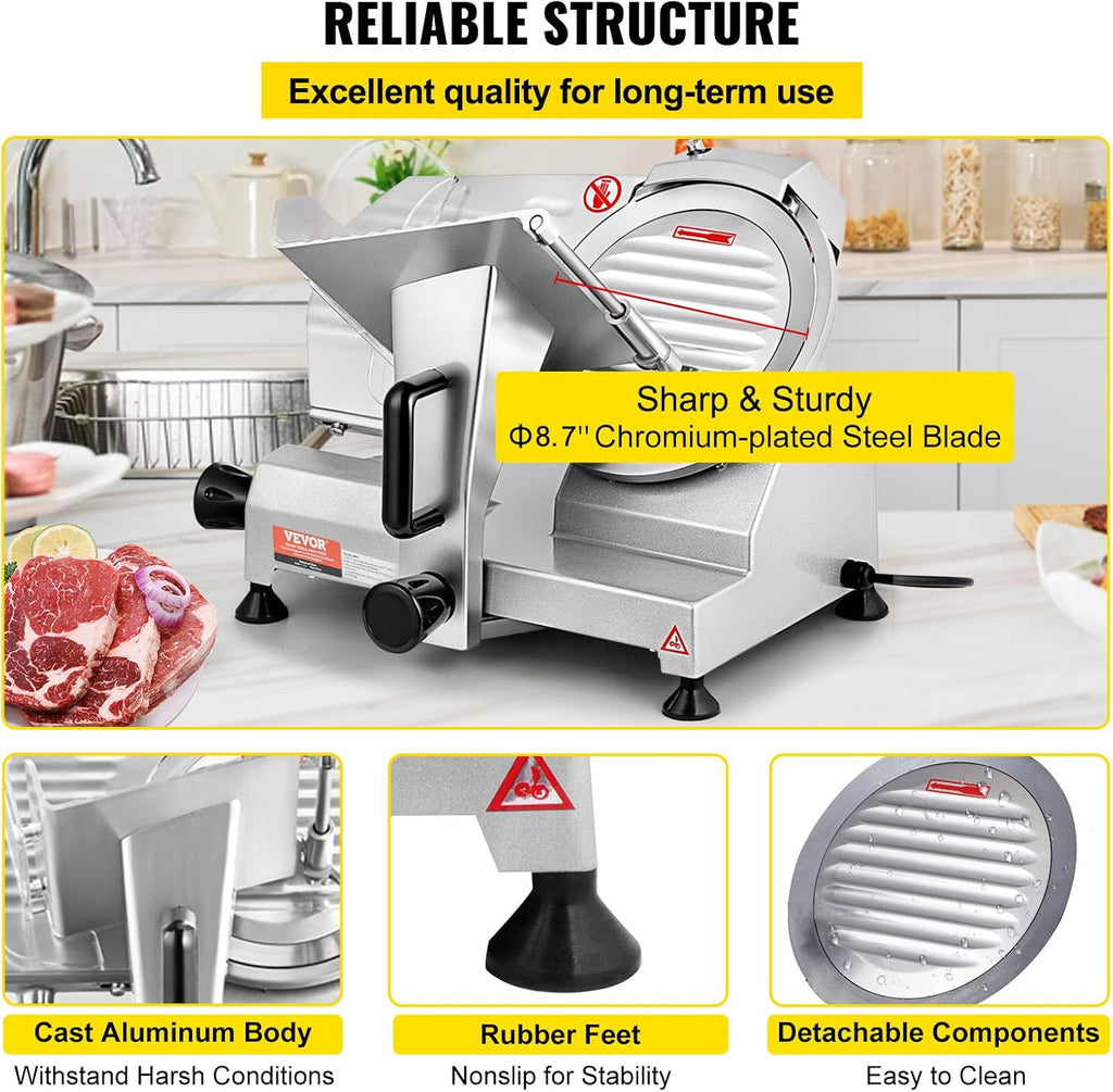 Commercial Meat Slicer, 200W Electric Deli Food Slicer, 0-12mm Adjustable Thickness Electric Meat Slicer, 350-400RPM