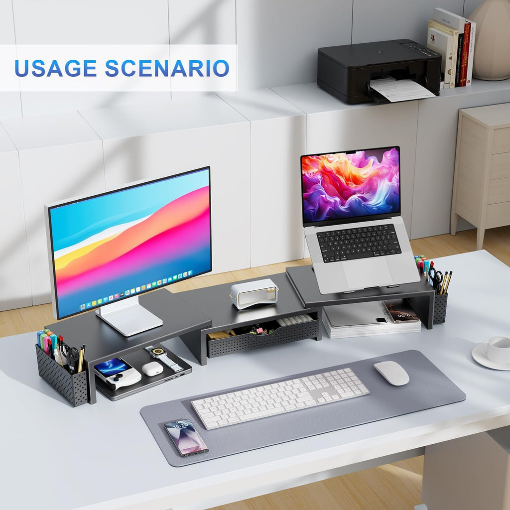 Dual Monitor Stand Riser, Desk Organizer With Drawer and 2 Pen Holders, Computer Monitor Stand, Desk Shelf for Top of