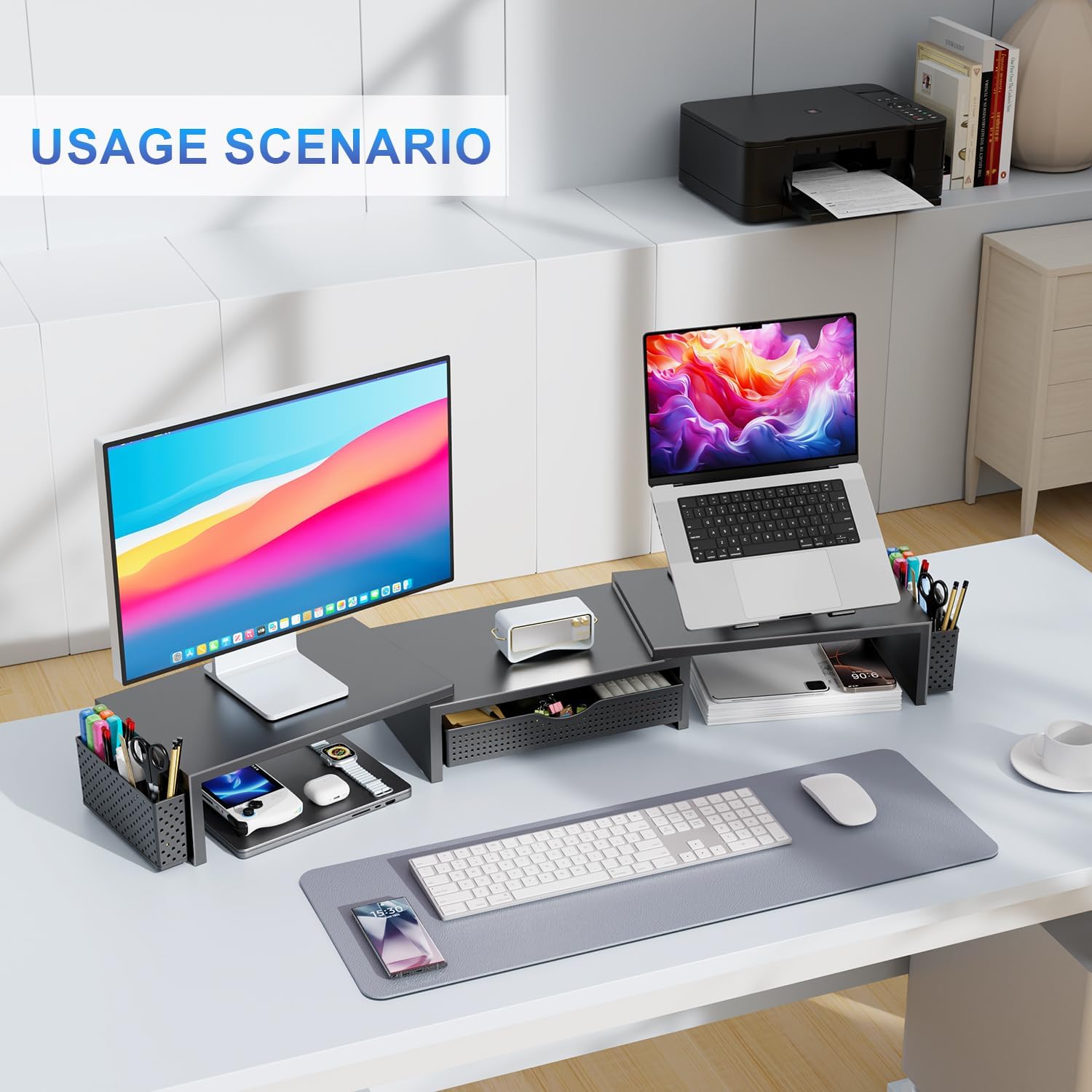 Dual Monitor Stand Riser, Desk Organizer With Drawer and 2 Pen Holders, Computer Monitor Stand, Desk Shelf for Top of