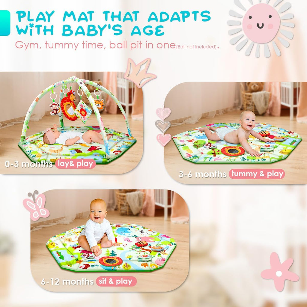Baby Play Mat,Tummy Time Mat with 6 Detachable Toys-Activity Gym for Visual, Auditory & Motor Development-Washable