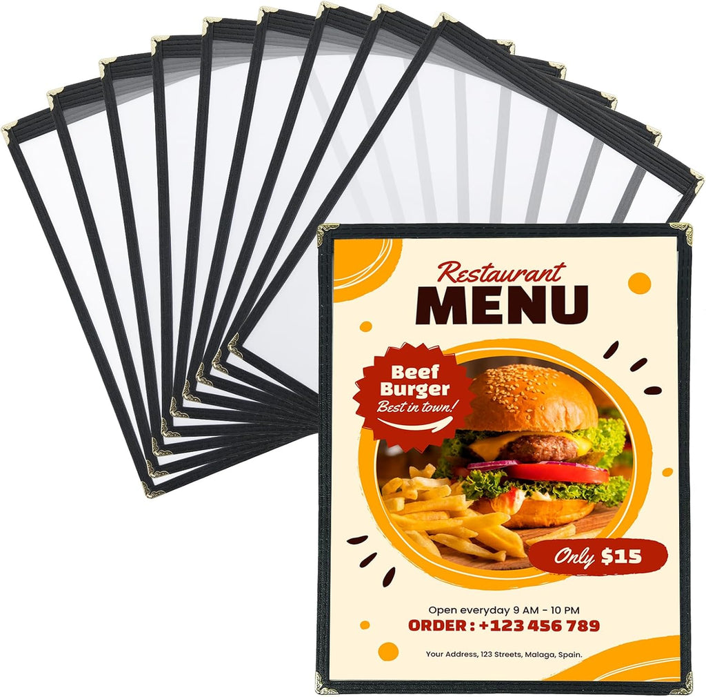FLKQC 10pcs 1 Page Menu Covers, 2 View 8.5 x 11 Inch Clear PVC Menu Holder
