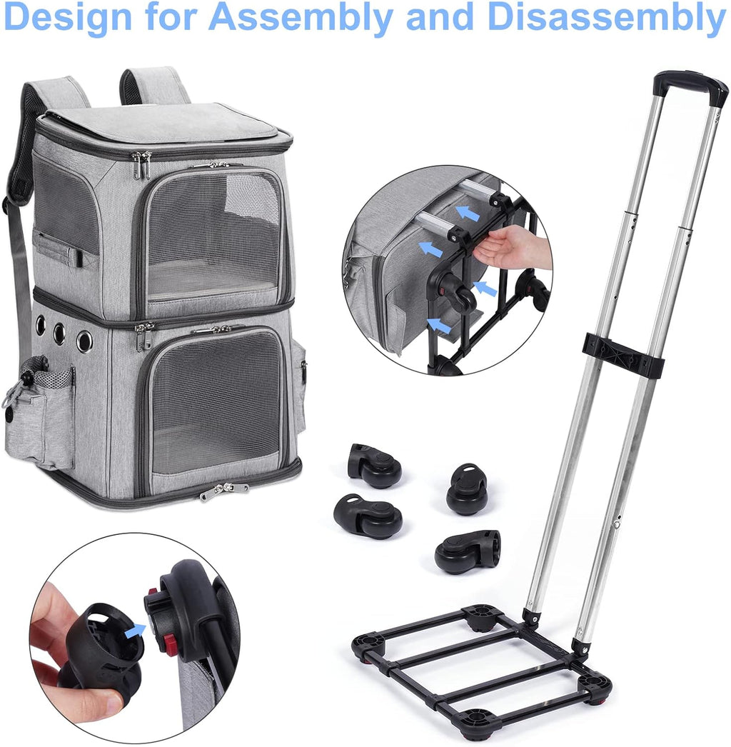 Double-Compartment Cat Carrier Backpack with Wheels for Two Pets