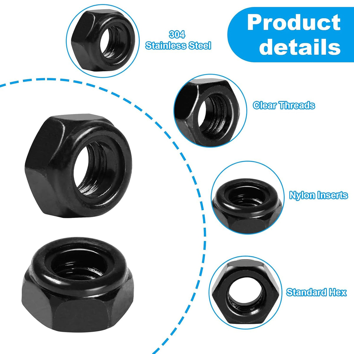 50Pcs #10-24 Nylon Insert Hex Lock Nuts Self-Locking Nut