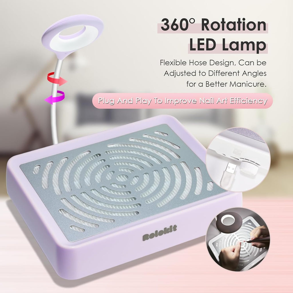 Nail Dust Collector with Lamp&50pcs Disposable Filter&Dusting Brush, Electric Nail Vacuum Cleaner Dust Fan Suction