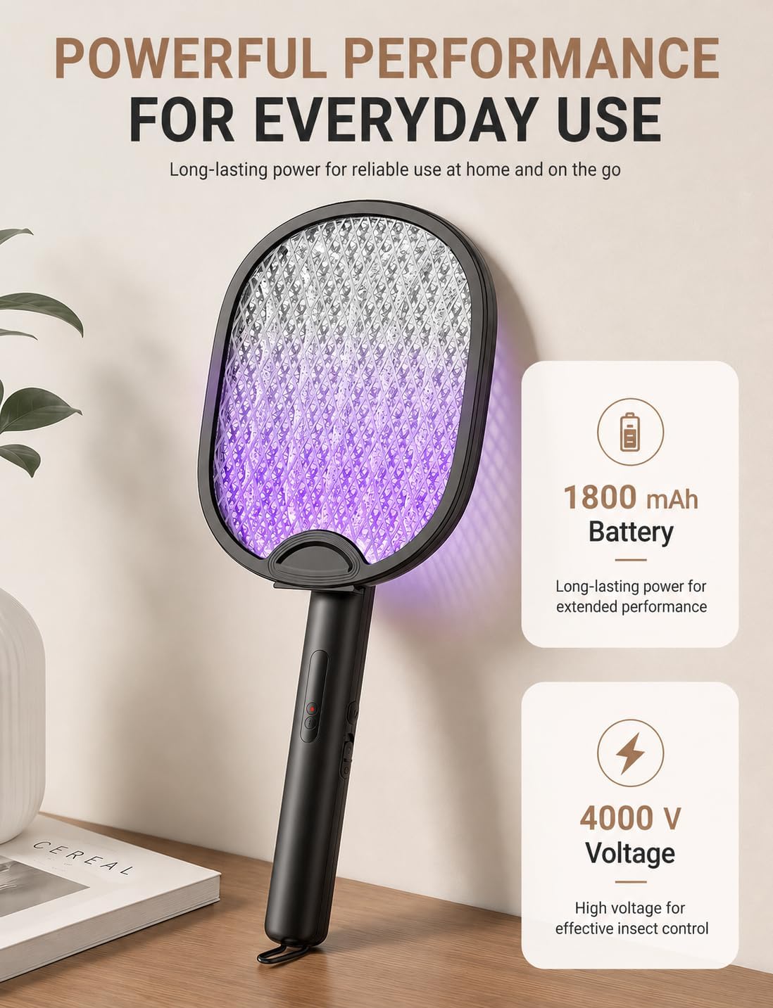 2 in 1 Electric Fly Swatter 4000V, Bug Zapper Racket, Black | 1800mAh, up to 20,000 zaps, hands-free stand mode, blue