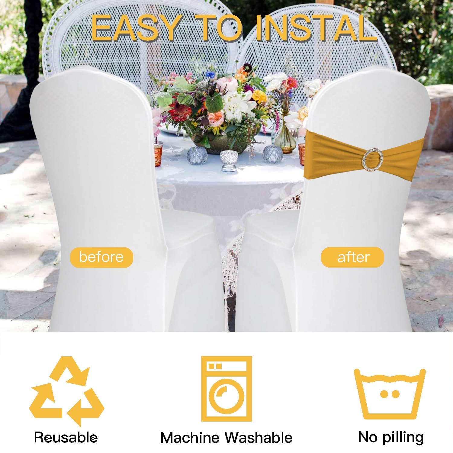100PCS Spandex Stretch Chair Sashes Bows Elastic Chair Cover Bands Ties with Buckle Slider for Wedding Party