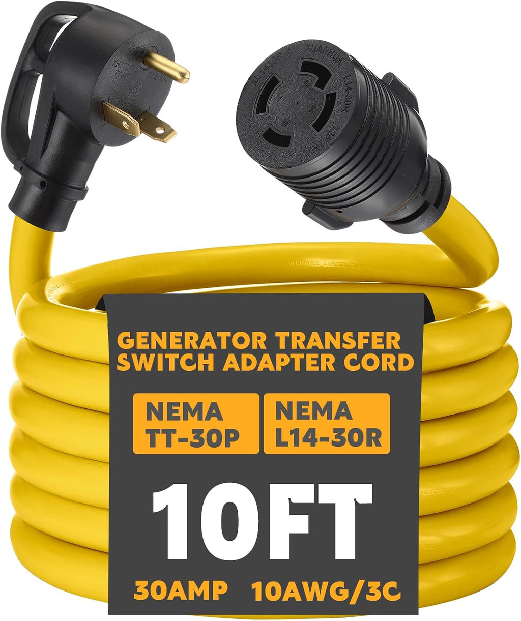 10ft NEMA TT-30P to L14-30R Generator Transfer Switch Adapter Cord | 30 Amp 3 Prong to 4 Prong Generator to House